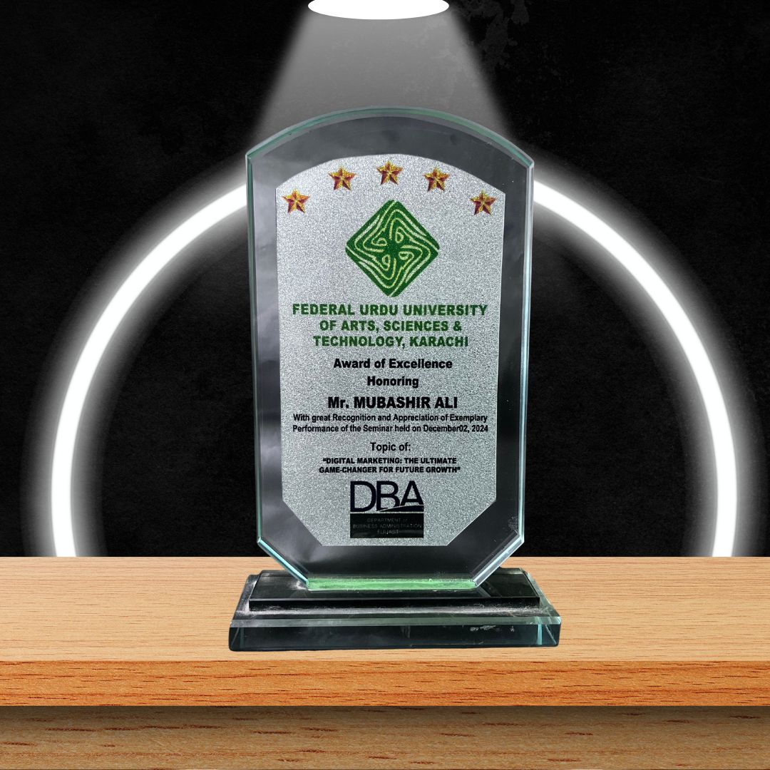 Mubashir ali received appreciation shield from federal urdu univerity from Karachi, Pakistan